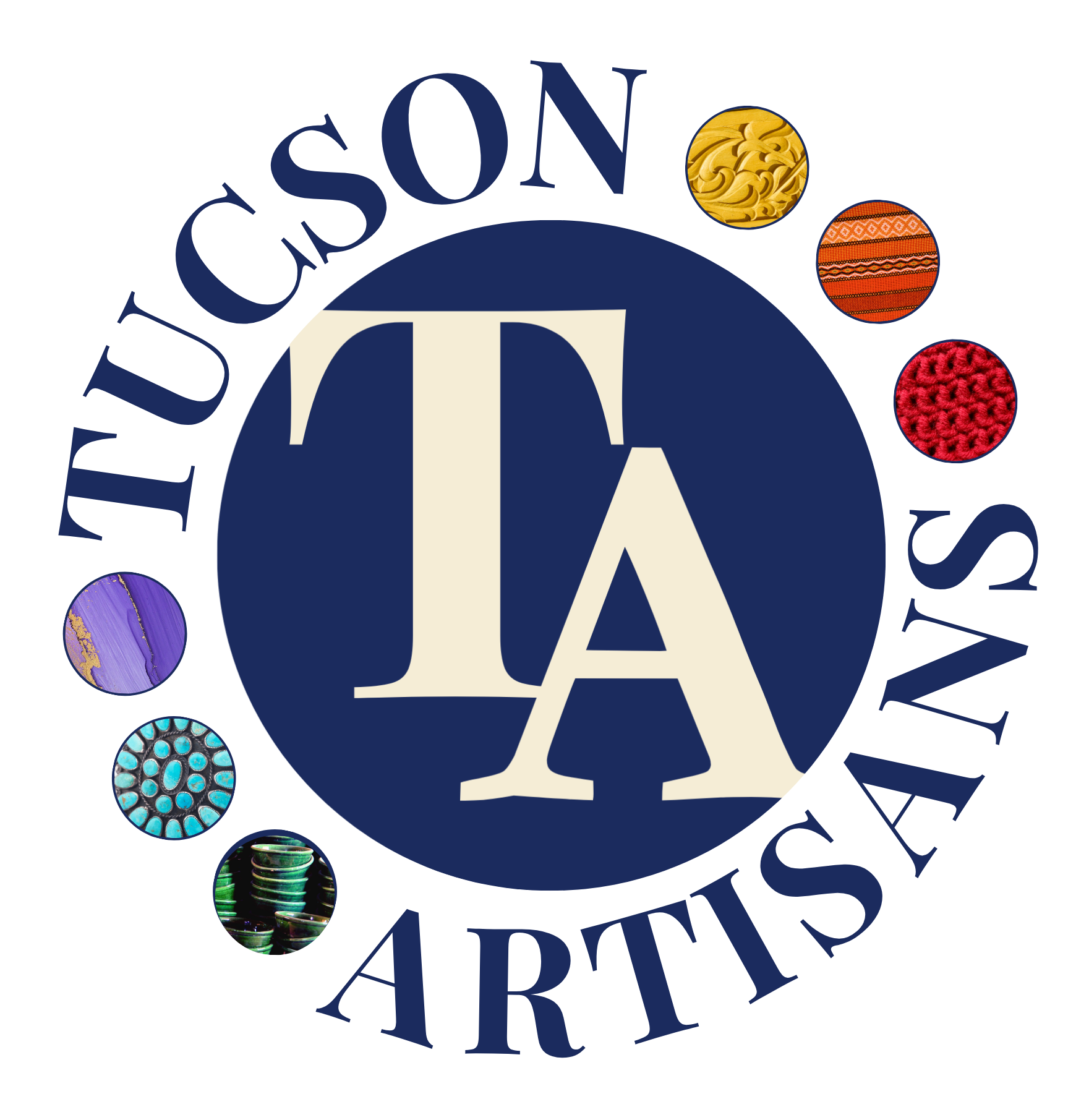 Tucson Artisans circular logo featuring a stylized 'TA' monogram surrounded by colorful handcrafted art and craft circles.